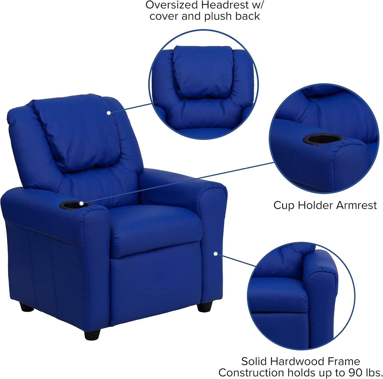 EMMA + OLIVER Blue Vinyl Kids Recliner with Cup Holder and Headrest