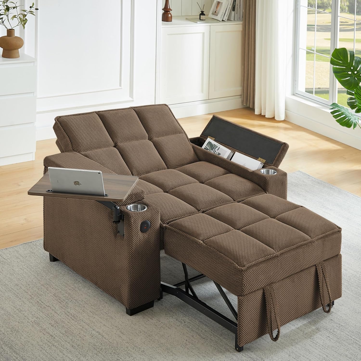oaaktu Large Size Convertible Sleeper Chair Futon Sofa Bed, Comfortable Thick Cushion Single Sleeper Sofa Handheld Storage and Adjustable Backrest | Reading Chair with Rotating Small Table (Coffee)