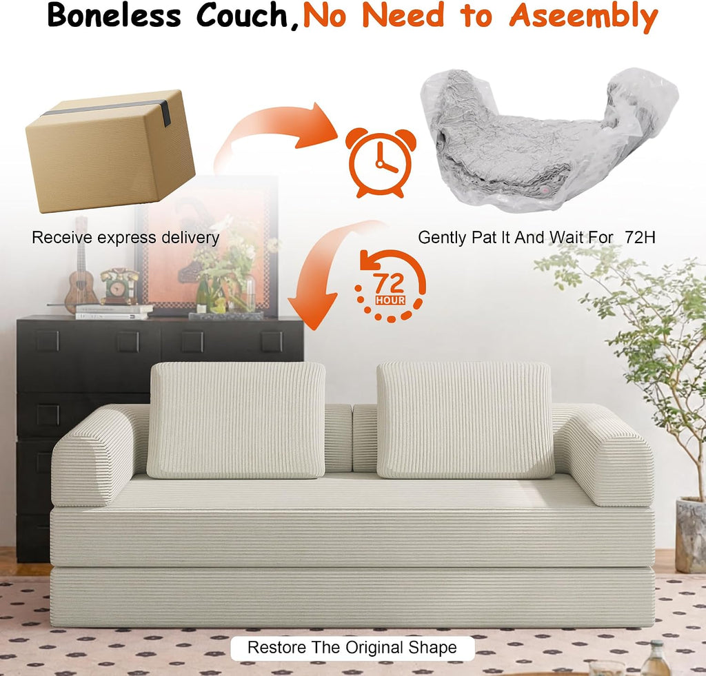 78' Convertible Sofa Bed, 5-in-1 Boneless Sleeper Sofa with with Fixed Frame & Pocket, Corduroy Pull Out Couch with 2 Pillows, Couch Bed for Living Room, Small Spaces, Bedroom, No Assembly