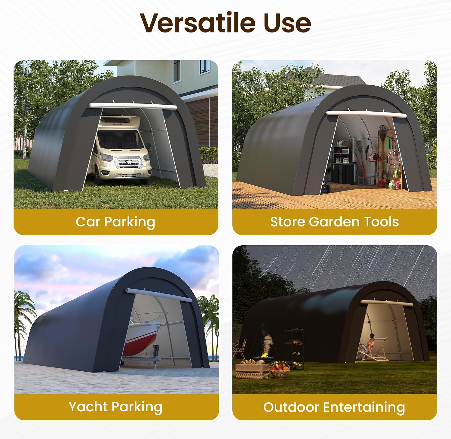 Kiss the Water Domed Carport with 4 Cloth Bags, Portable Garage with 2 Roll-up Doors, Heavy Duty Car Canopy Party Tent, All-Season Storage Shelter Shed for Boat, Truck, or Garden Tools, 12' x 25'