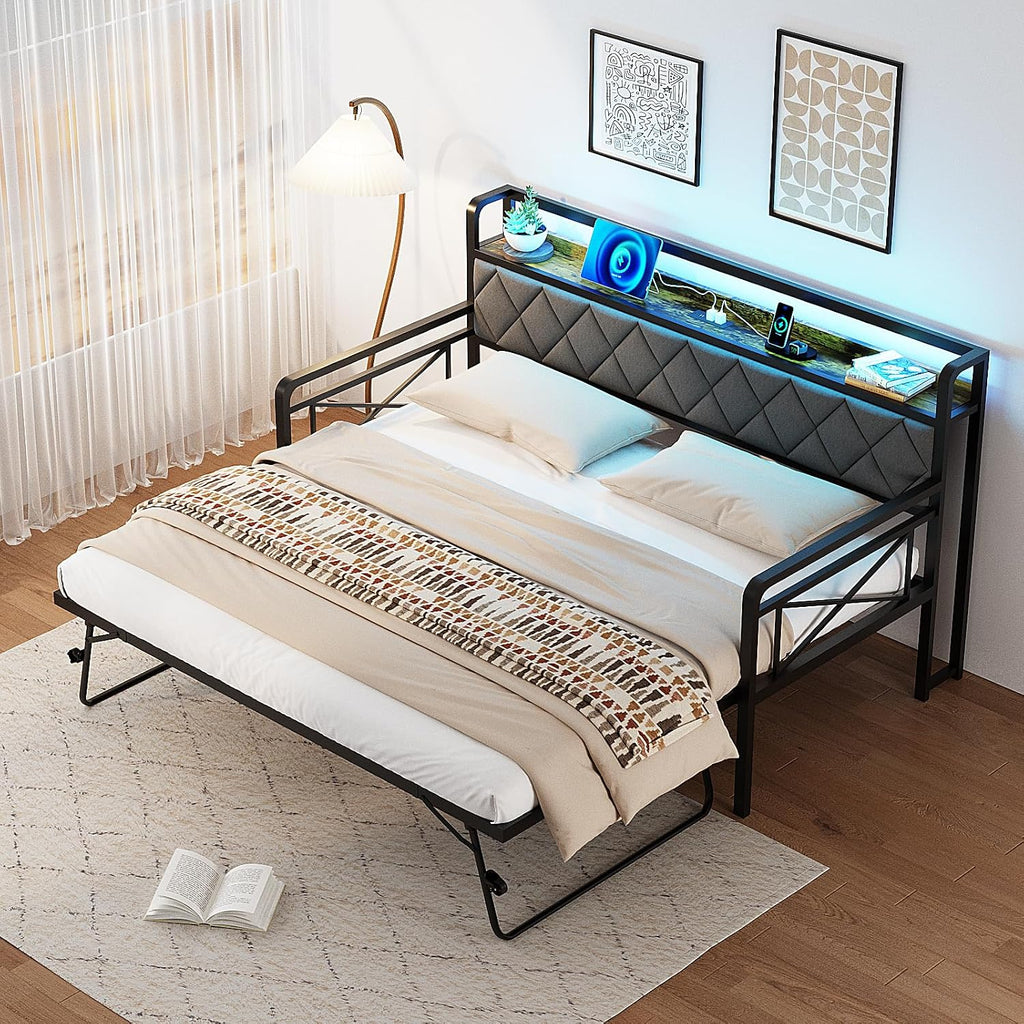 VINGLI Twin Daybed with Pop-up Trundle Bed, Day Bed with LED Light & Charing Station, Upholstered Bed Frame with Storage Headboard and Heavy Duty Metal Slats, Living Room, Bedroom, Guest Room, Gray