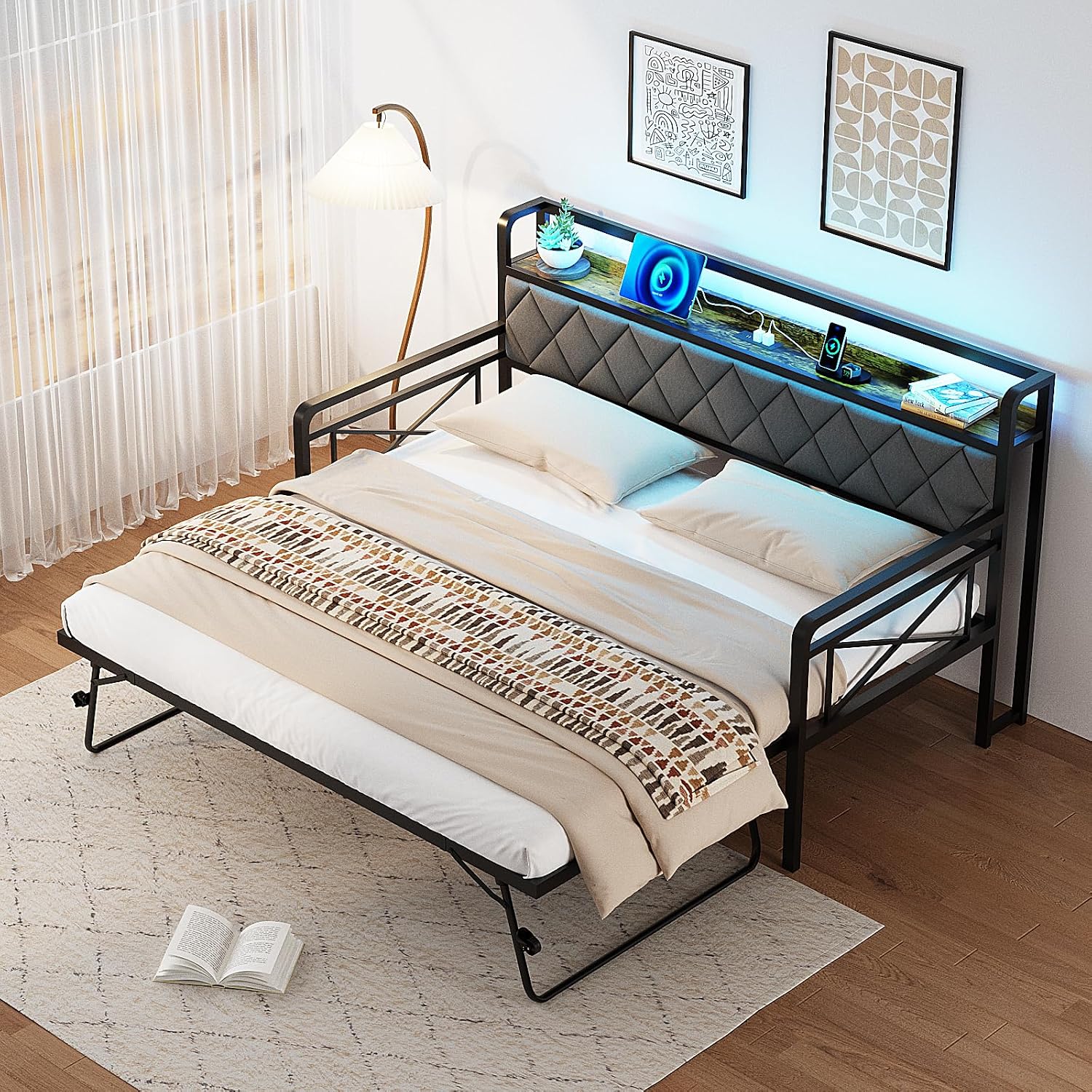 VINGLI Twin Daybed with Pop-up Trundle Bed, Day Bed with LED Light & Charing Station, Upholstered Bed Frame with Storage Headboard and Heavy Duty Metal Slats, Living Room, Bedroom, Guest Room, Gray