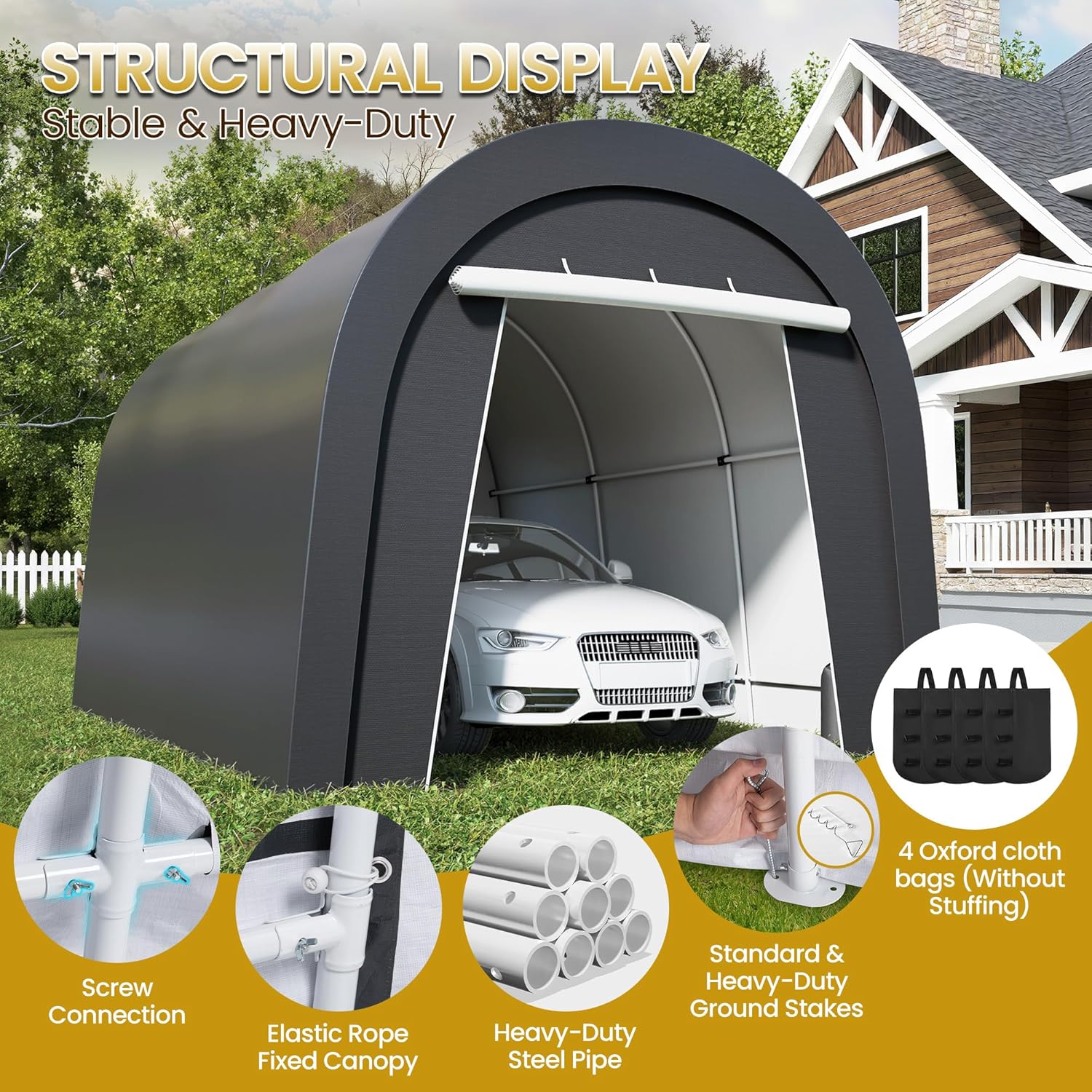 Kiss the Water Domed Carport with 4 Cloth Bags, Portable Garage with 2 Roll-up Doors, Heavy Duty Car Canopy Party Tent, All-Season Storage Shelter Shed for Cars, Truck, or Garden Tools, 10' x 15'