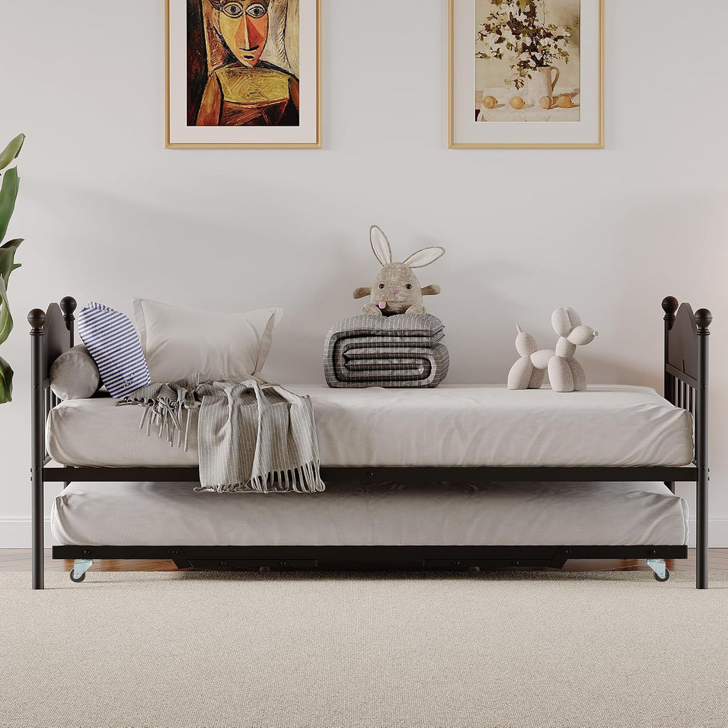 IDEALHOUSE Twin Metal Daybed with Pop-Up Trundle, Heavy Duty Steel Slats Platform Bed with Stylish Headboard, Convertible Sofa Bed Frame for Living Room, Bedroom, or Guest Room, Black