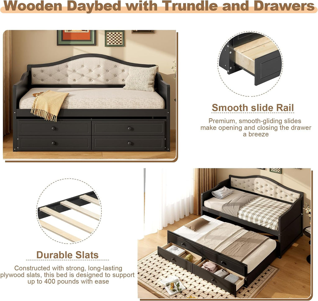 Merax Twin Daybed with Trundle and 2 Storage Drawers, Wooden Sofa Bed Twin Bed Frame with Upholstered Button Tufted Backrest for Living Room, Bedroom, Guest Room (Black)
