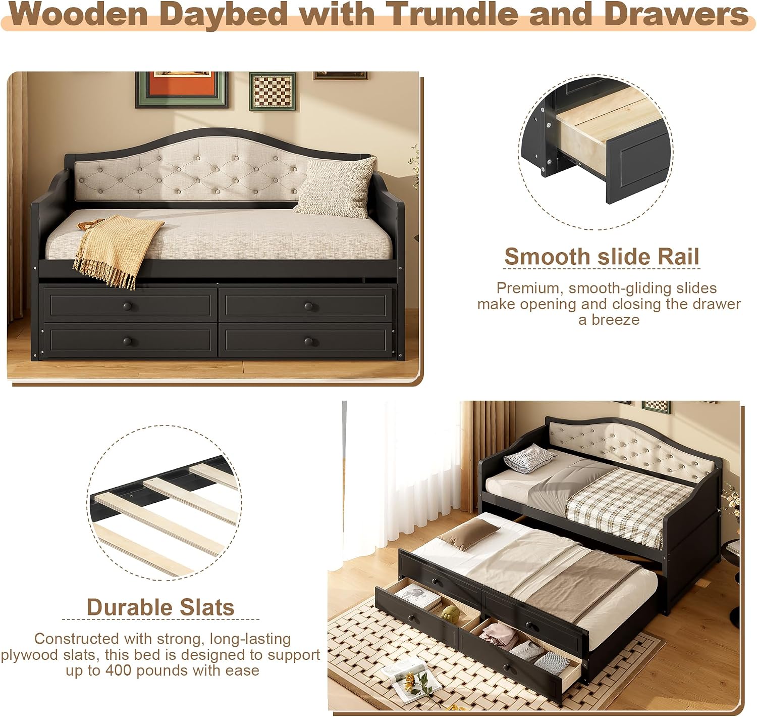Merax Twin Daybed with Trundle and 2 Storage Drawers, Wooden Sofa Bed Twin Bed Frame with Upholstered Button Tufted Backrest for Living Room, Bedroom, Guest Room (Black)