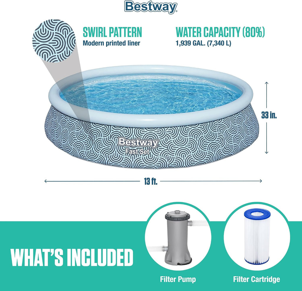 Bestway Fast Set 13' x 33' Round Inflatable Above Ground Swimming Pool Set, Outdoor Family Pool with Filter Pump, Rattan Print