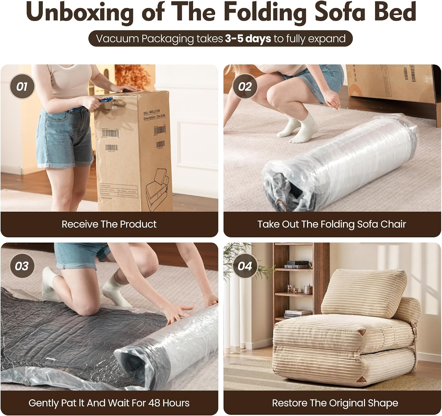 ovios Folding Sofa Bed, Foldable Sleeper Chair Floor Futon, Comfy Portable Convertible Fold Out Lounge Chairs for Living Room Bedroom, Beige