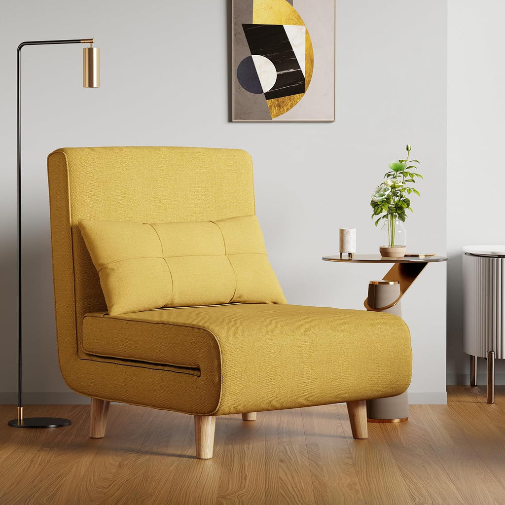 Aiho Futon Sofa Bed, 3-in-1 Convertible Sleeper Chair Bed, Futon Chair with 6-Level Adjustable Backrest and Pillow for Apartment Dorm, Office, Linen Yellow