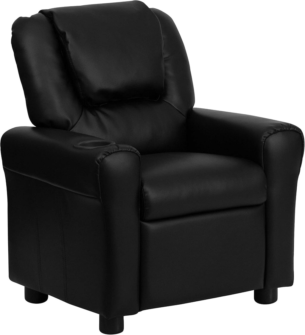 EMMA + OLIVER Black LeatherSoft Kids Recliner with Cup Holder and Headrest