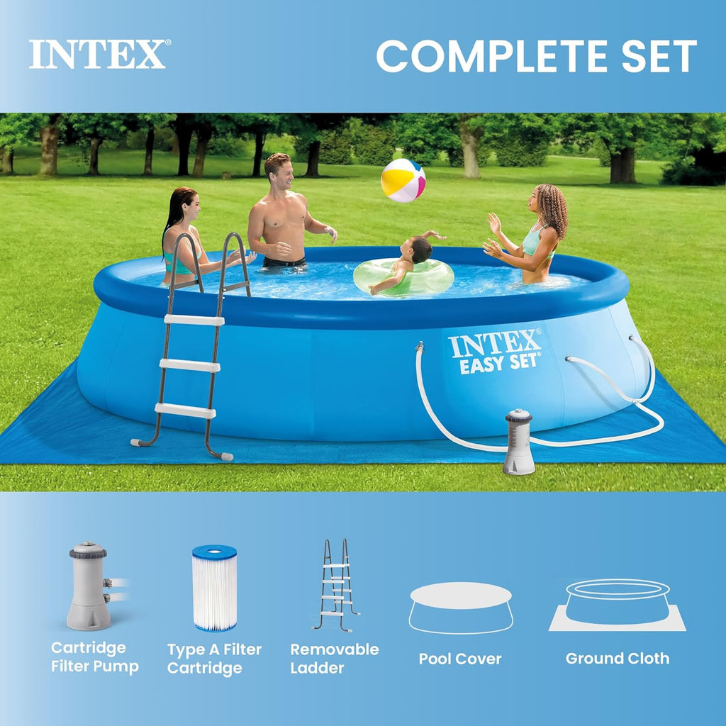 Intex Easy Set 15 ft x 42in Above Ground Pool Set, Round Inflatable Swimming Pool with 1000 GPH Cartridge Filter Pump, Ladder, Cover, & Ground Cloth