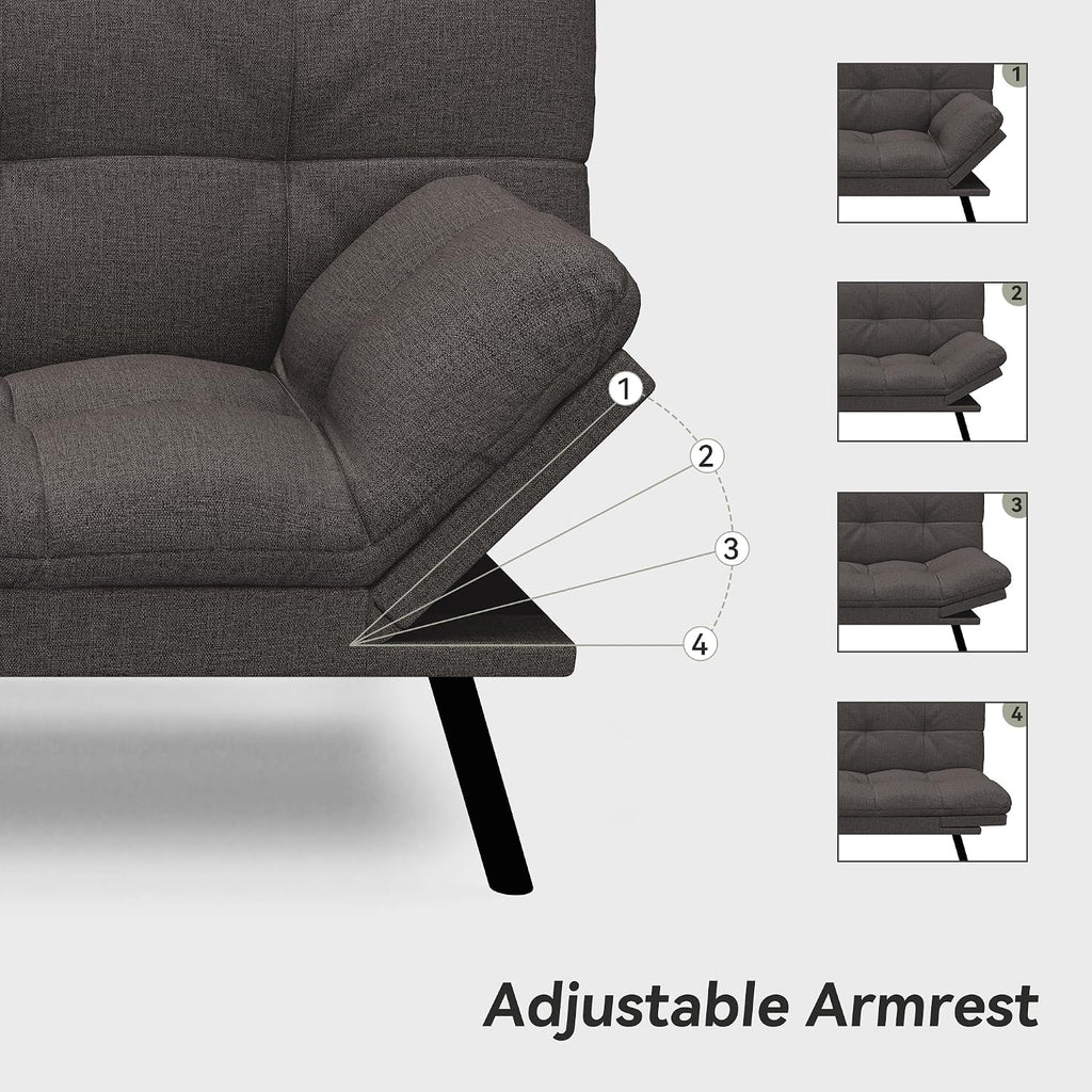 Convertible Futon Sofa Bed,71' Memory Foam Futon Couch,Detachable Cushion,Adjustable Backrest & Armrest,Linen Modern Loveseat Sleeper Recliner for Living Room,Office,Apartment,Classic Grey