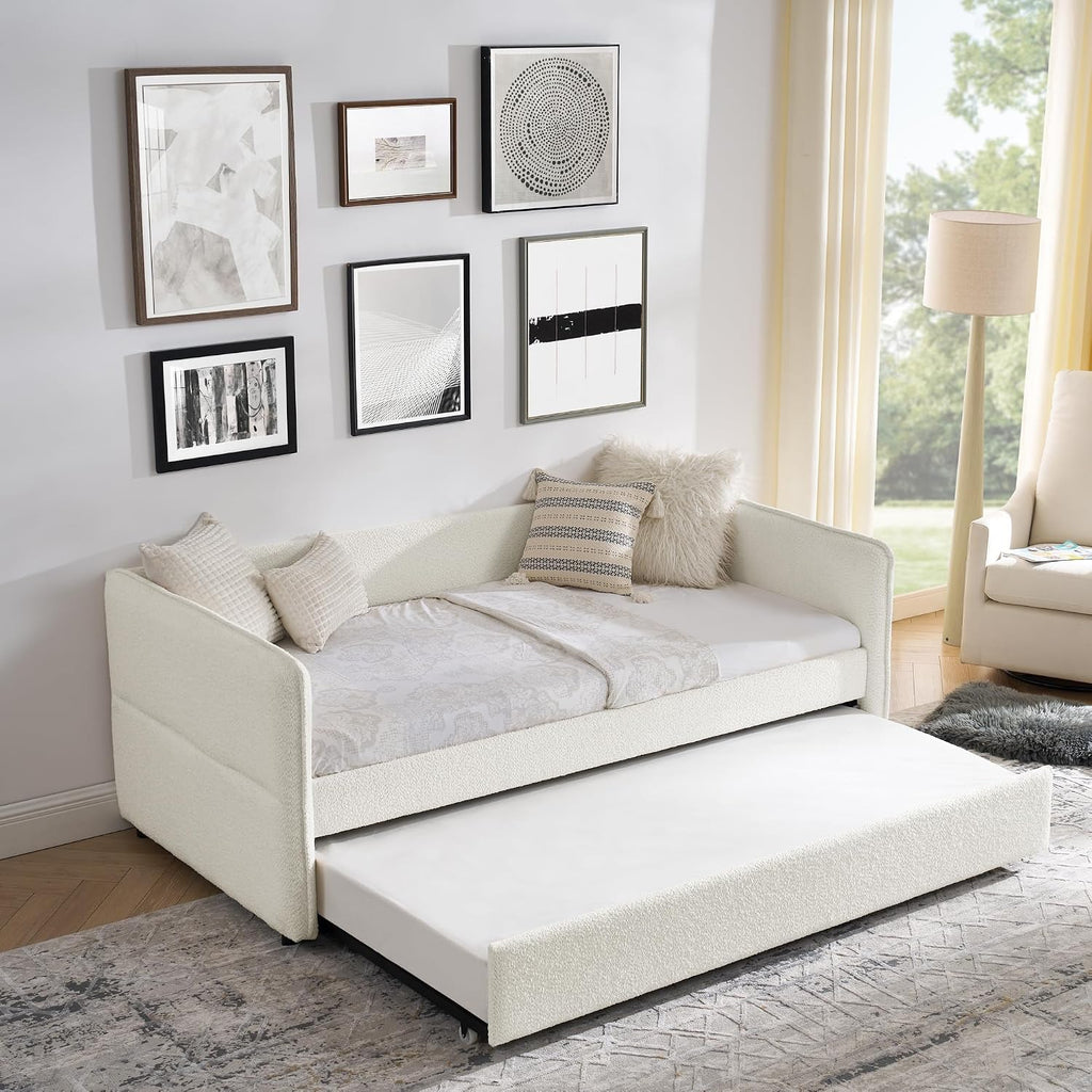 KEIKI Twin Size Upholstery Tufted Daybed with Erectable Trundle, Twin to King Design Modern Extendable Boucle Sofa Bed, Easy Assembly, No Box Spring Required, for Living Room and Bedroom, Beige