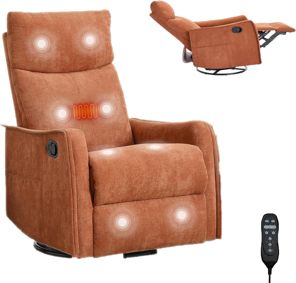 Massage Chair Recliner with Heat, 360° Swivel Glider Rocker with Reclining Backrest and Footrest, Manual Lazy Boy Recliners for Adults, Modern Nursery Rocking Chairs (Orange)