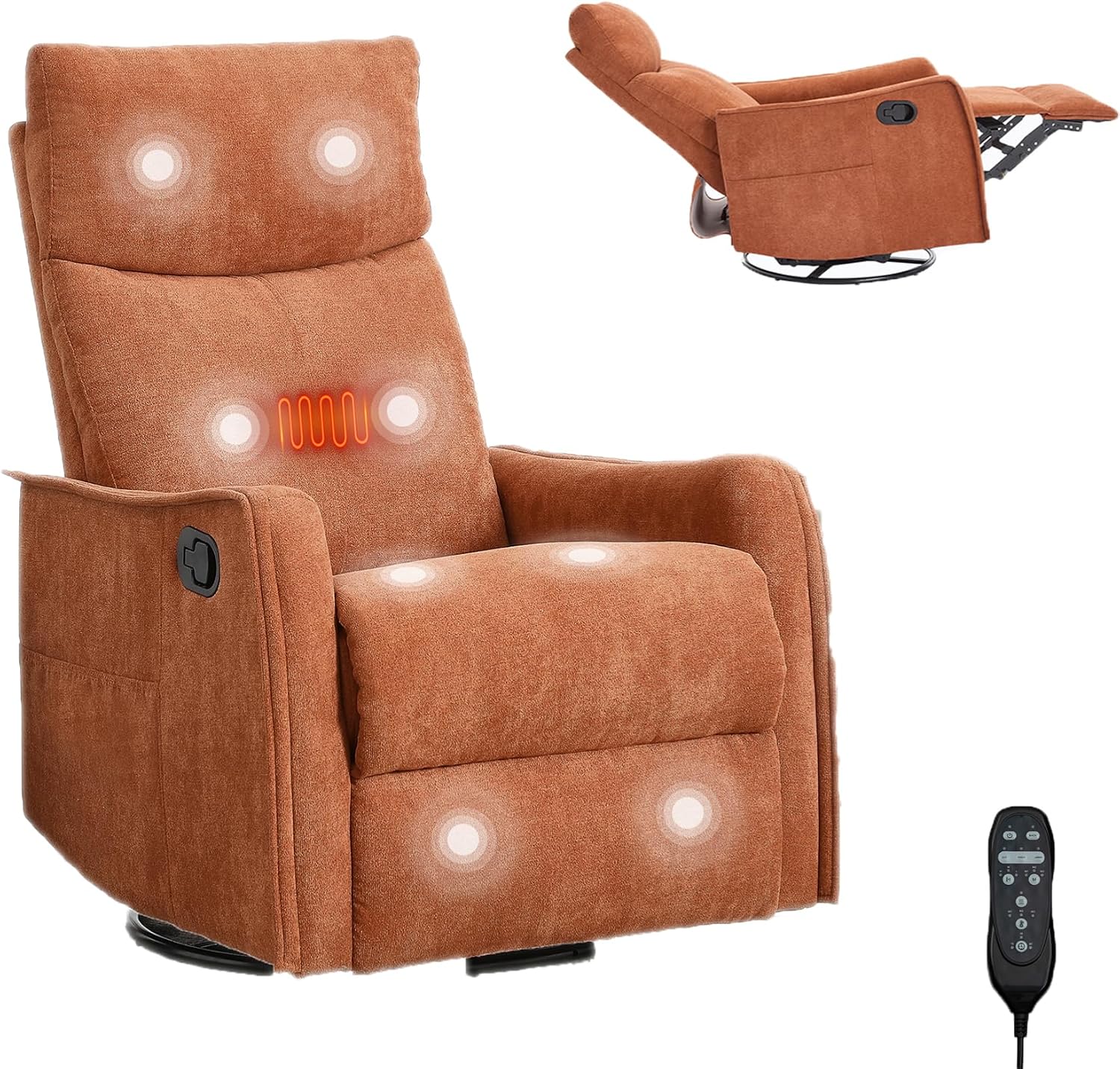 Massage Chair Recliner with Heat, 360° Swivel Glider Rocker with Reclining Backrest and Footrest, Manual Lazy Boy Recliners for Adults, Modern Nursery Rocking Chairs (Orange)