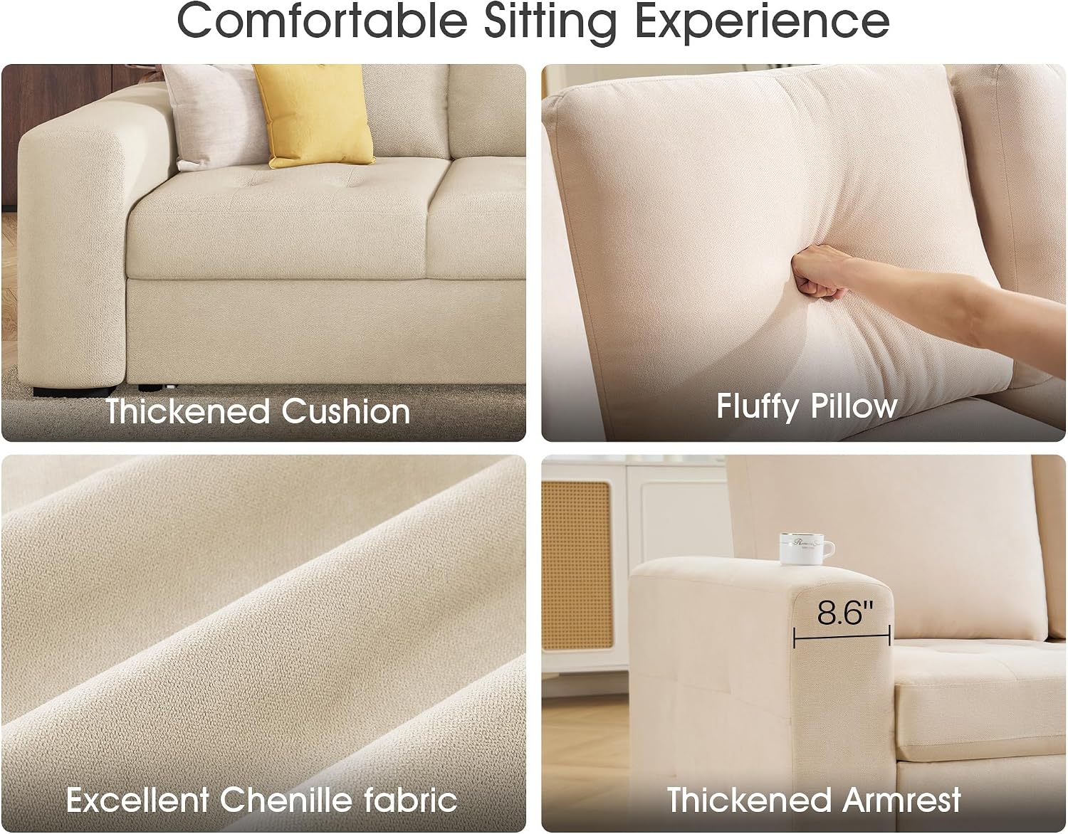 VanAcc 96' Sofa Bed Couch with Storage Chaise, Convertible Sleeper Sofa, Sleeper Couch with Pull Out Bed for Living Room(Beige)