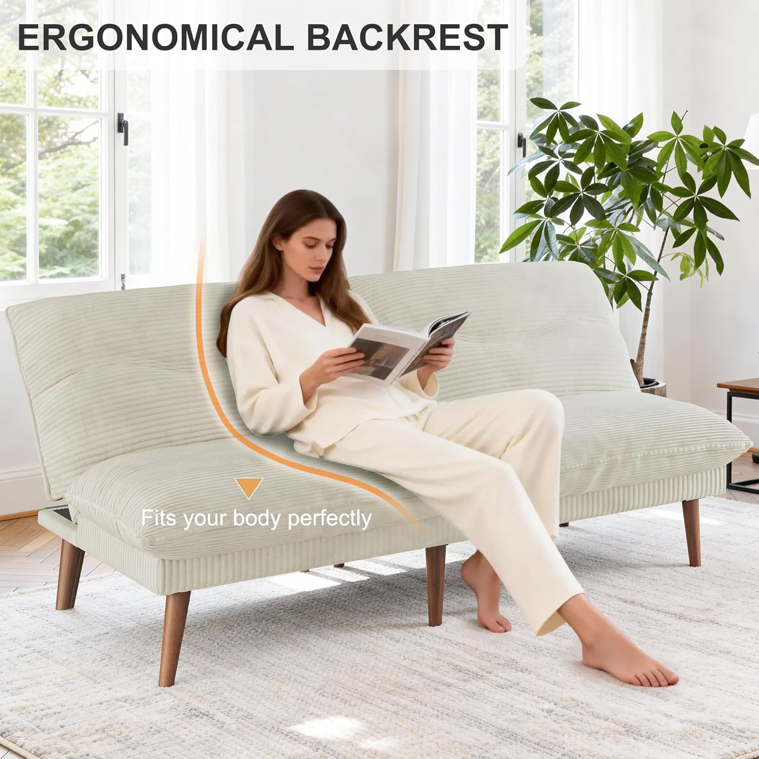 DreamDashio Futon Sofa Bed, 4 in 1 Multi-Functional Futon Couch with Adjustable Backrest, 75 inch Convertible Sleeper Sofa Bed and Recliner Lounge, Corduroy Loveseat for Living Room, Apartment, Beige