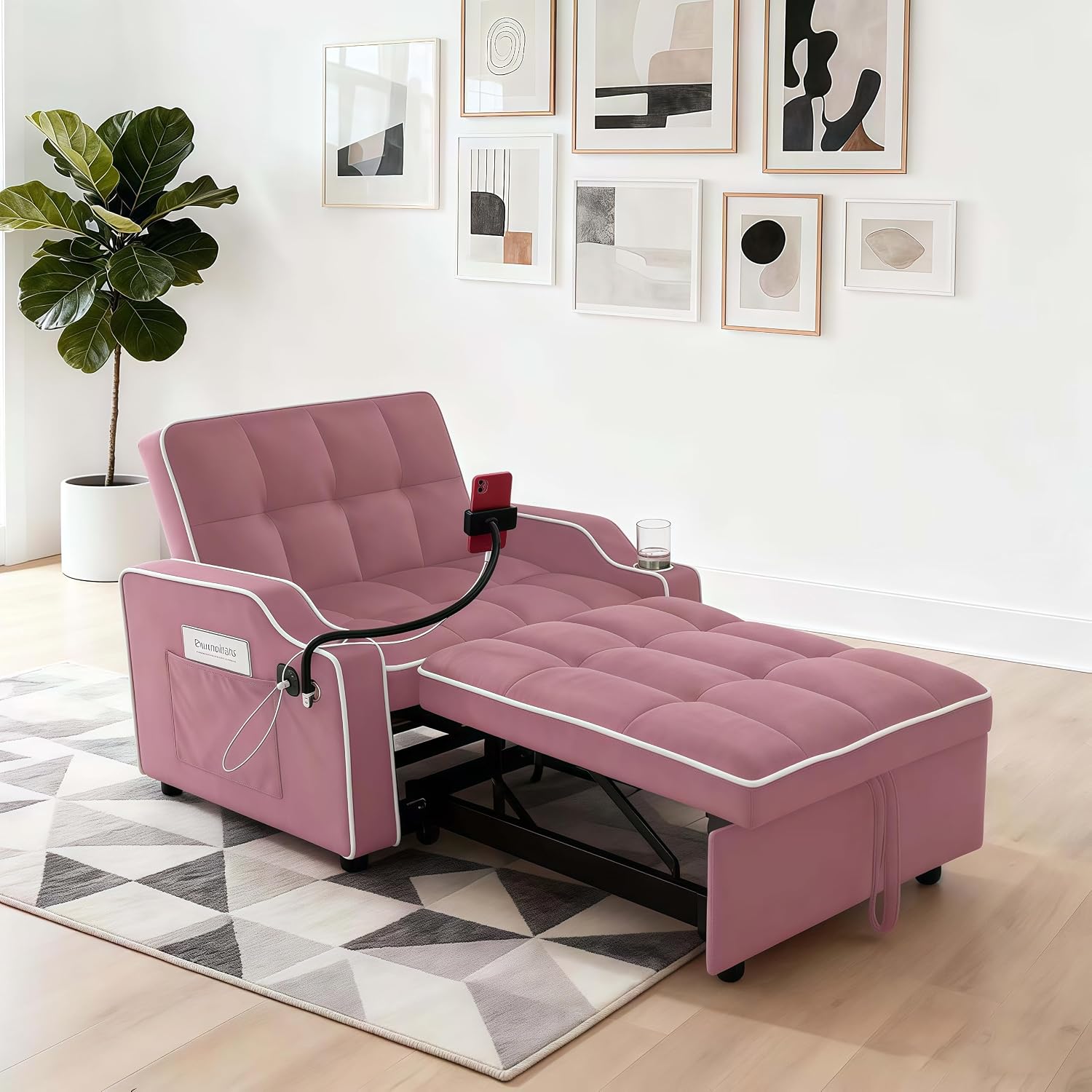 Convertible Armchair Sofa Bed with USB Port & Phone Holder, Pull-Out Single Chair Bed Sleeper for Small Spaces, Modern Upholstered Recliner Chair (Pink)