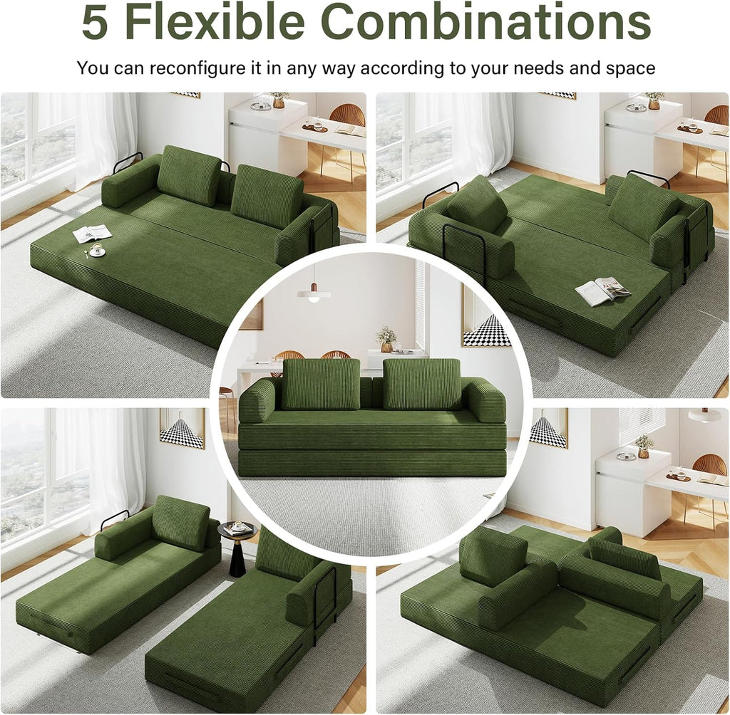 78'' Sleeper Couch Bed for Living Room, Convertible Modular Sofa with Fixed Frame and Side Pocket, Corduroy Futon Boneless Couches in a Box, No Assembly, Green