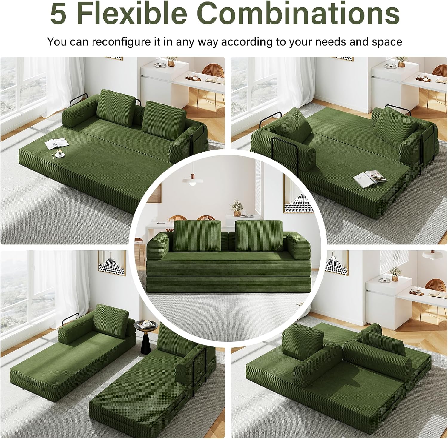 78'' Sleeper Couch Bed for Living Room, Convertible Modular Sofa with Fixed Frame and Side Pocket, Corduroy Futon Boneless Couches in a Box, No Assembly, Green