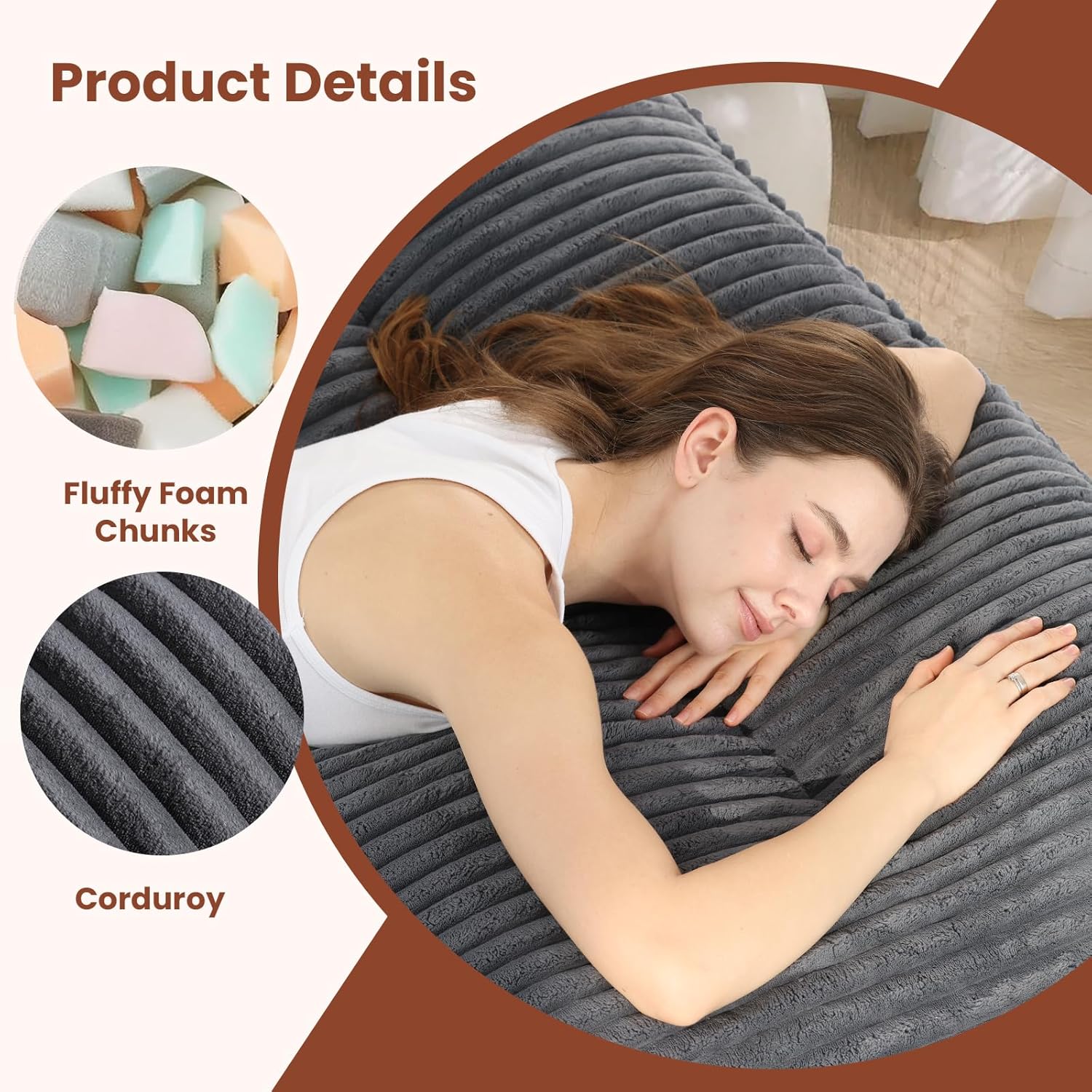 10' Futon Mattress Queen Size,Futons Sofa Couch Bed with Straps, Thick Corduroy Floor Mattress for Adults, Roll Up Folding Mattress Shredded Foam Filling, Medium Firm (Gray, Full)