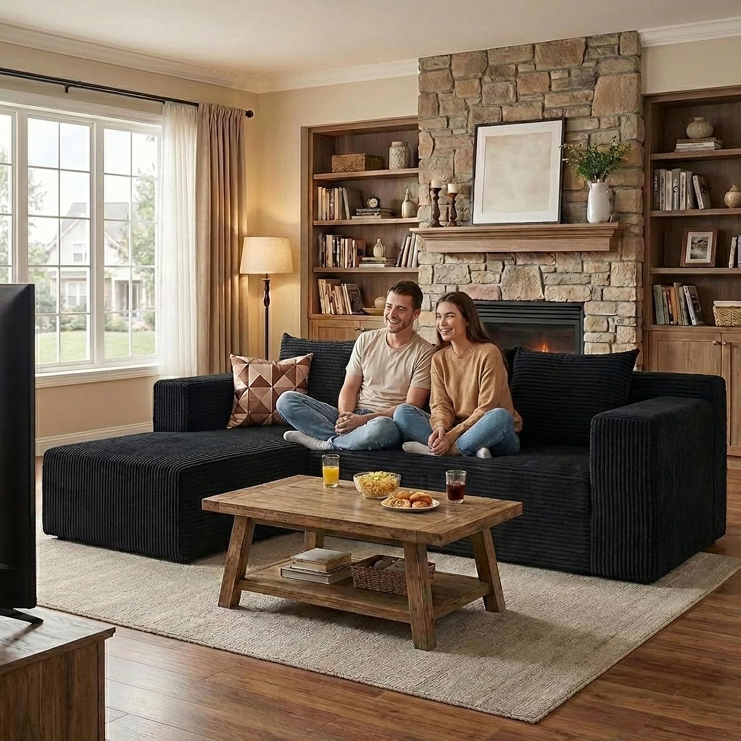 Nigoone 103' Sectional Couch for Living Room, Modular L Shaped Black Couches with Chaise, Large Minimalist Modern Deep Seats Boneless Sofa, Corduroy, No Assembly