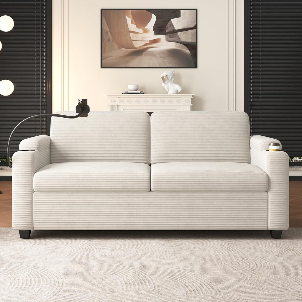 Merax Pull-Out Sleeper Sofa Bed with Full Size Mattress and Two Side Pockets, 3 in 1 Foton Couch with USB Ports | Phone & Cup Holders, Corduroy Loveseat for Living Room, Beige