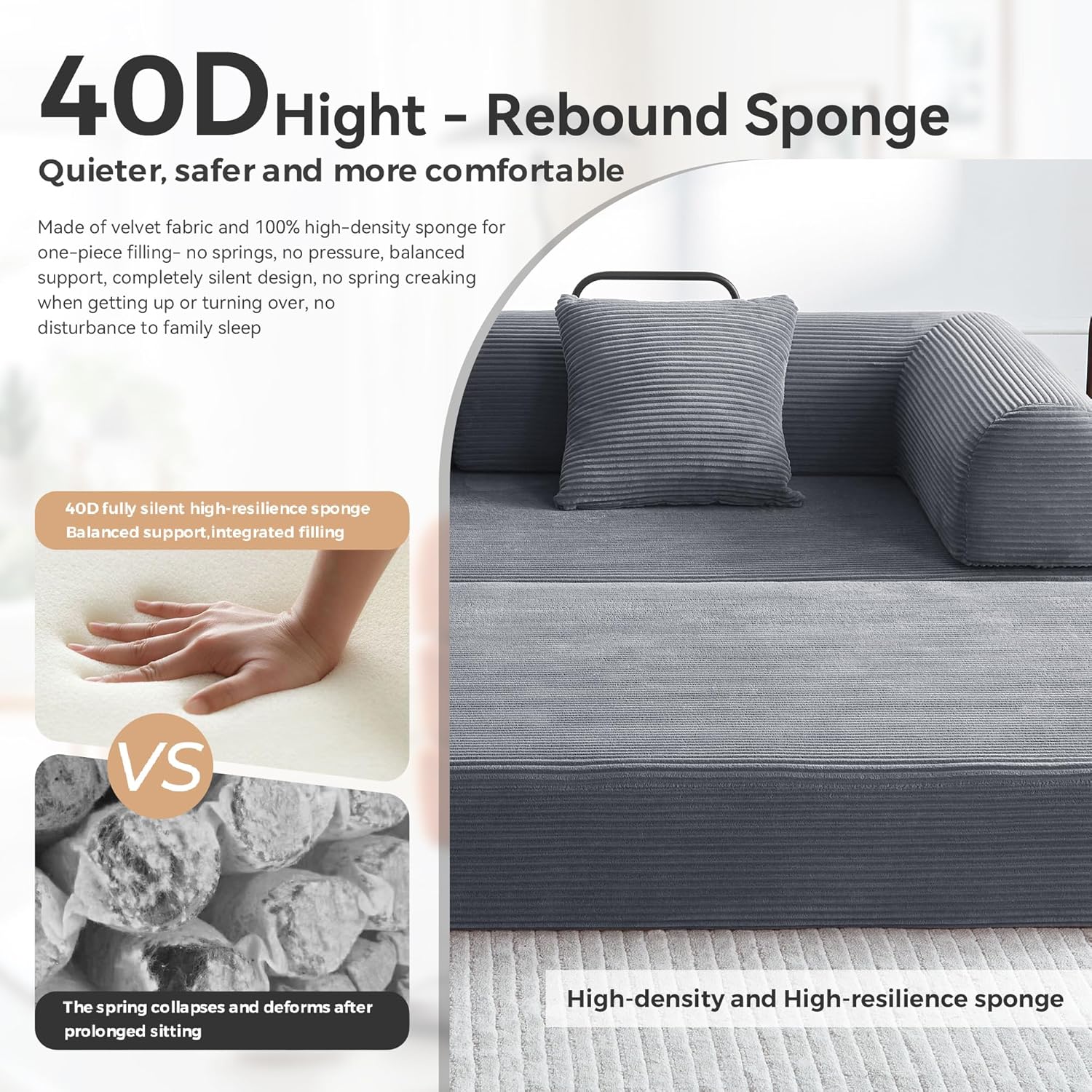 Sofa Bed, Corduroy Sleeper Sofa Bed with Fixed Frame, Floor Sofa Lounge with Pillow, Convertible Folding Mattress Couch for Living Room, Bedroom, Lounge, Studio (Dark Gray)