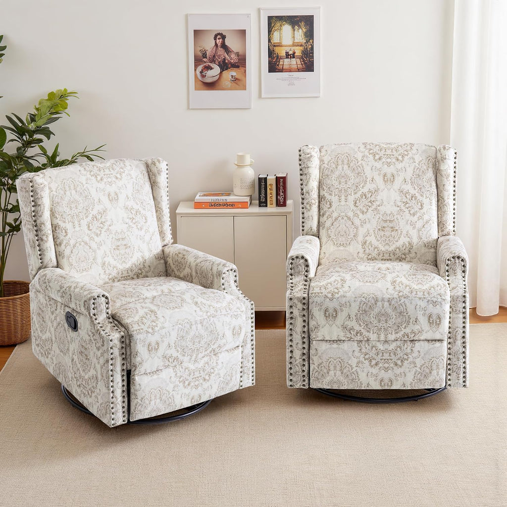 Lumibee Swivel Rocker Recliner Chair Set of 2, Printed Fabric Swivel Glider Rocking Chair with High Back, Upholstered Deep Seat Wingback Recliner Chair for Living Room Bedroom, Beige