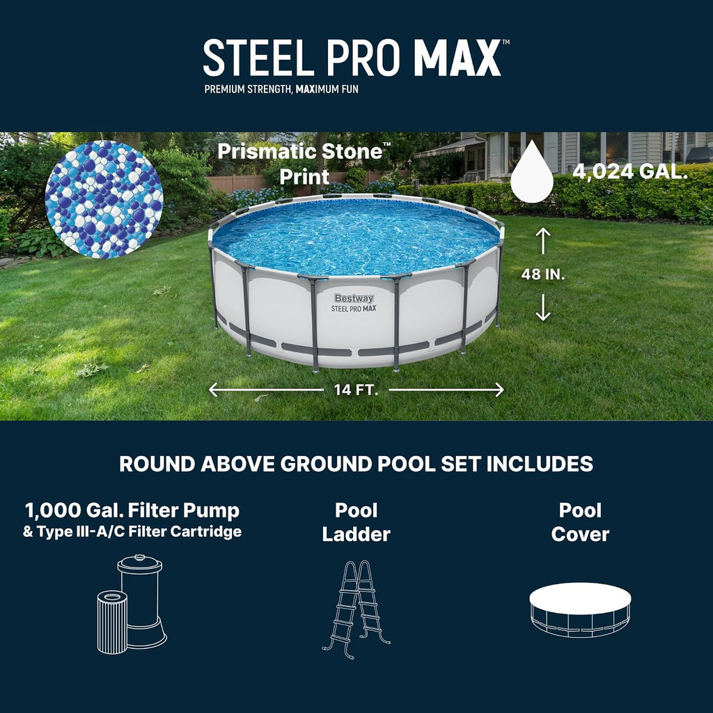 Bestway Steel Pro MAX 14' x 48' Above Ground Pool, Round Metal Frame Outdoor Swimming Pool Set with Filter Pump, Ladder, and Cover, Gray