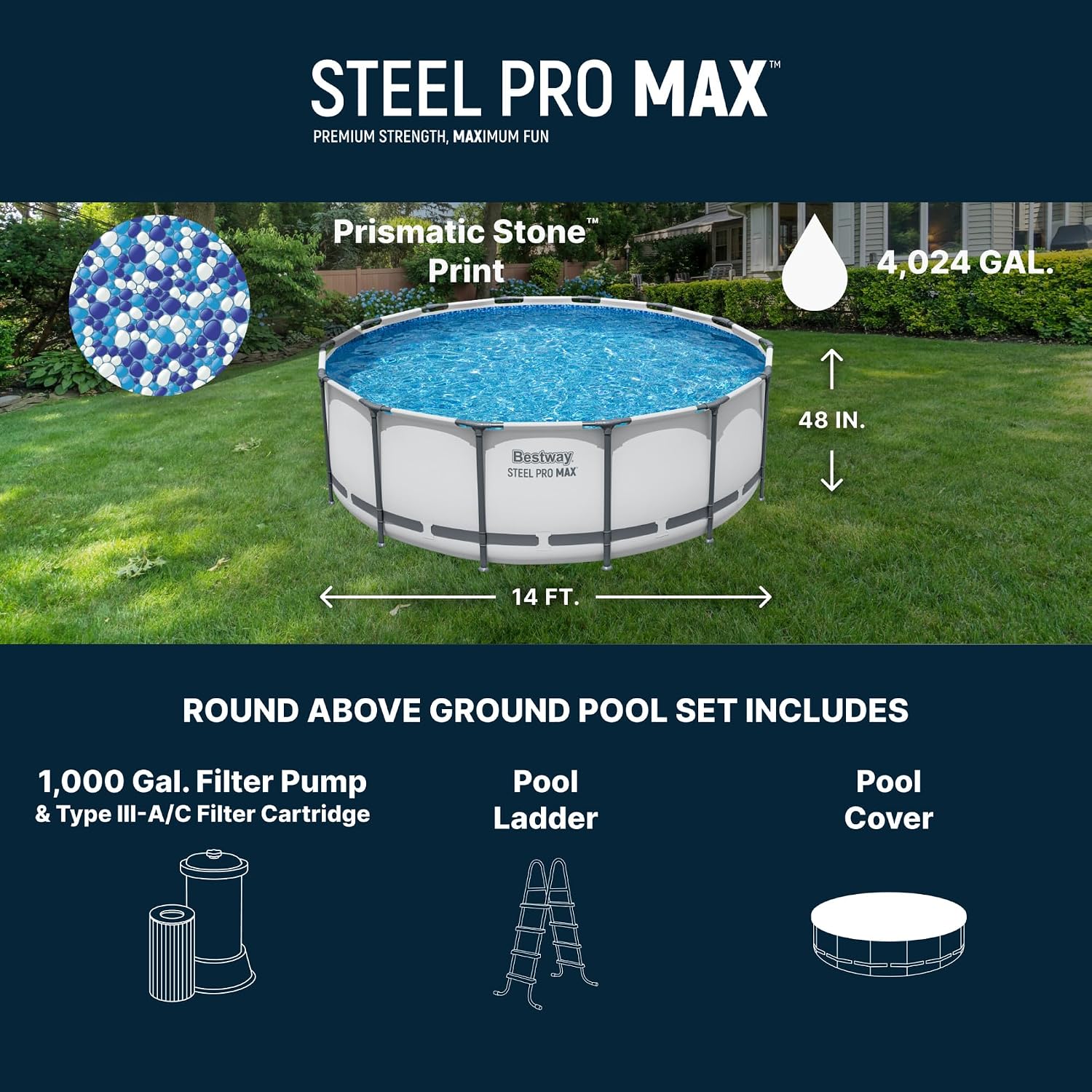 Bestway Steel Pro MAX 14' x 48' Above Ground Pool, Round Metal Frame Outdoor Swimming Pool Set with Filter Pump, Ladder, and Cover, Gray