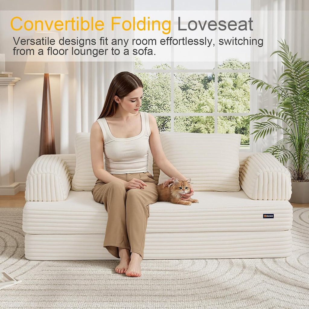 COMAX Convertible Sofa Bed, Folding Floor Couch Corduroy Fold Out Couch Bed Futon Sleeper Mattress with Pillows, Boneless Sofa Comfy Lounge Loveseat for Living Room Bedroom, Plush Beige