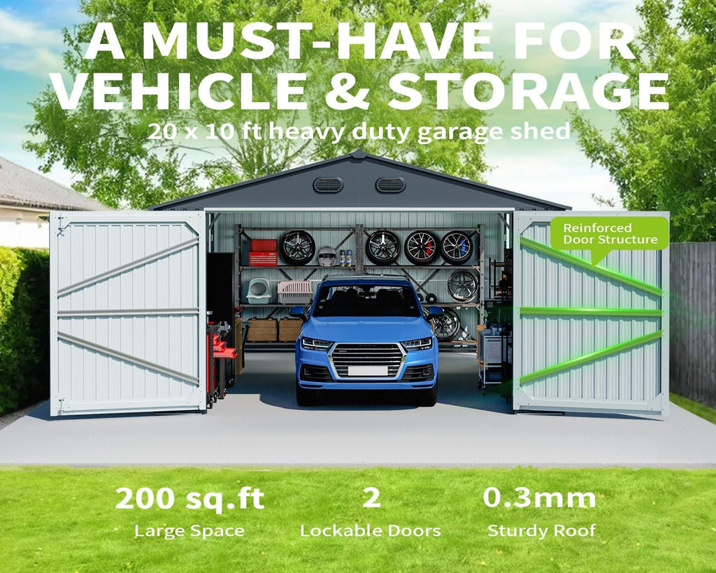 20 x 10 FT Outdoor Storage Shed, Large Metal Garden Shed with 2 Lockable Doors, Tool Shed Outdoor Storage with 4 Air Vents, Garage Shed Waterproof for Car, Truck, Bike, Garbage Can, Tool, Dark Gray