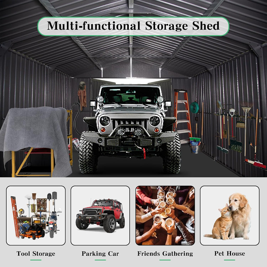 Domi 12x25FT Outdoor Metal Garage Shed, Extra Large Carport with Skylights & Dual-Entry, Backyard Storage Shed for Car, Truck, Lawn Mower and Tool, Dark Grey