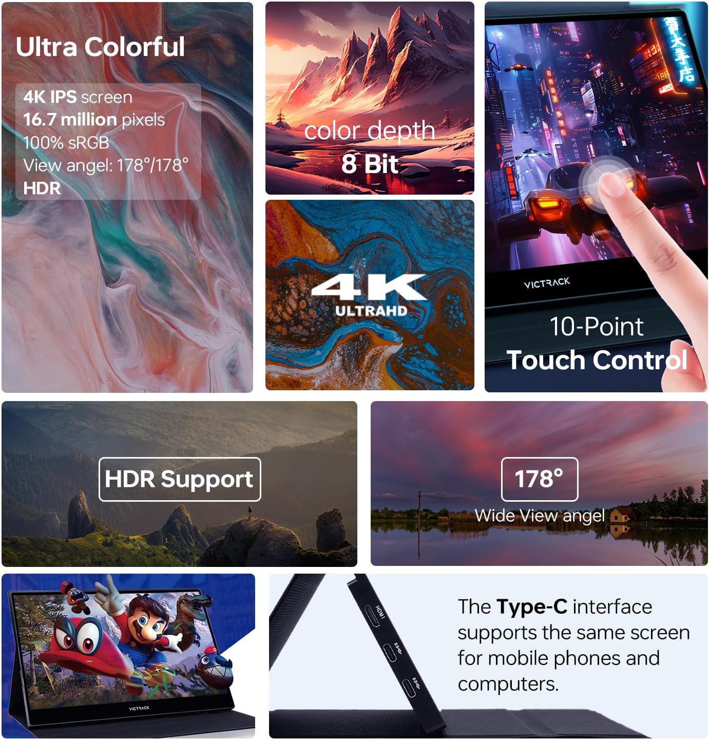 4K UHD Touchscreen Ultra Portable Monitor for Gaming and Designing, 13.3' Slim UHD (3840 x 2160) Touch 100% sRGB, Type-C, USB & Mini HDMI Portable Gaming Monitor with Cover