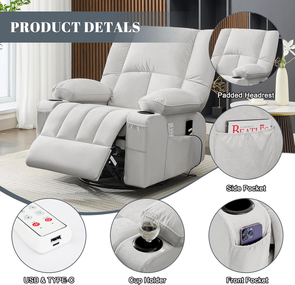 Rocker Recliner Chair with Heat and Massage, 360° Swivel Recliner Chairs for Adults, Oversized Recliner Single Sofa Seat with Cup Holders, Lazy Boy Recliner Single Sofa (Electric, Grey)
