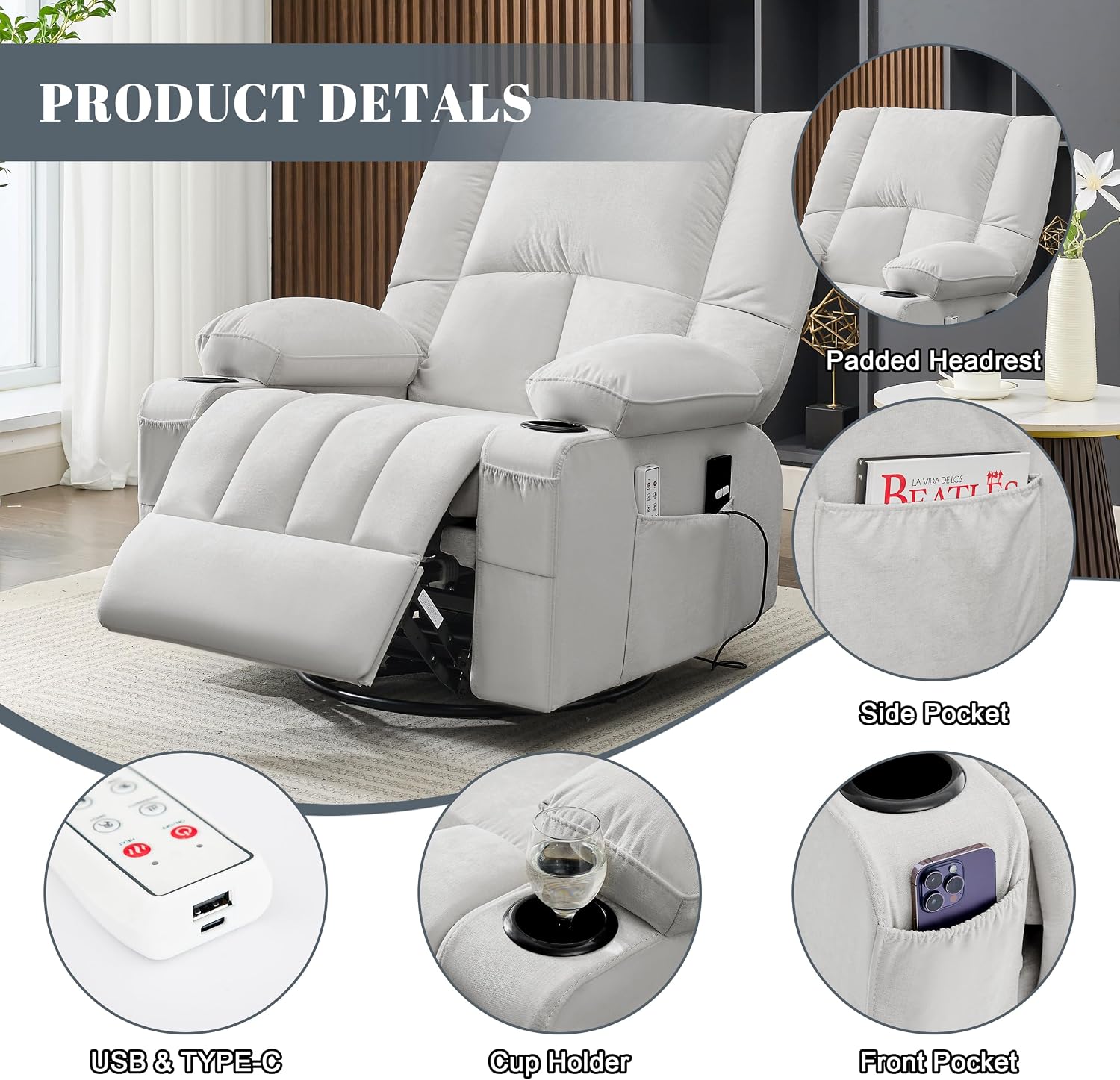 Rocker Recliner Chair with Heat and Massage, 360° Swivel Recliner Chairs for Adults, Oversized Recliner Single Sofa Seat with Cup Holders, Lazy Boy Recliner Single Sofa (Electric, Grey)