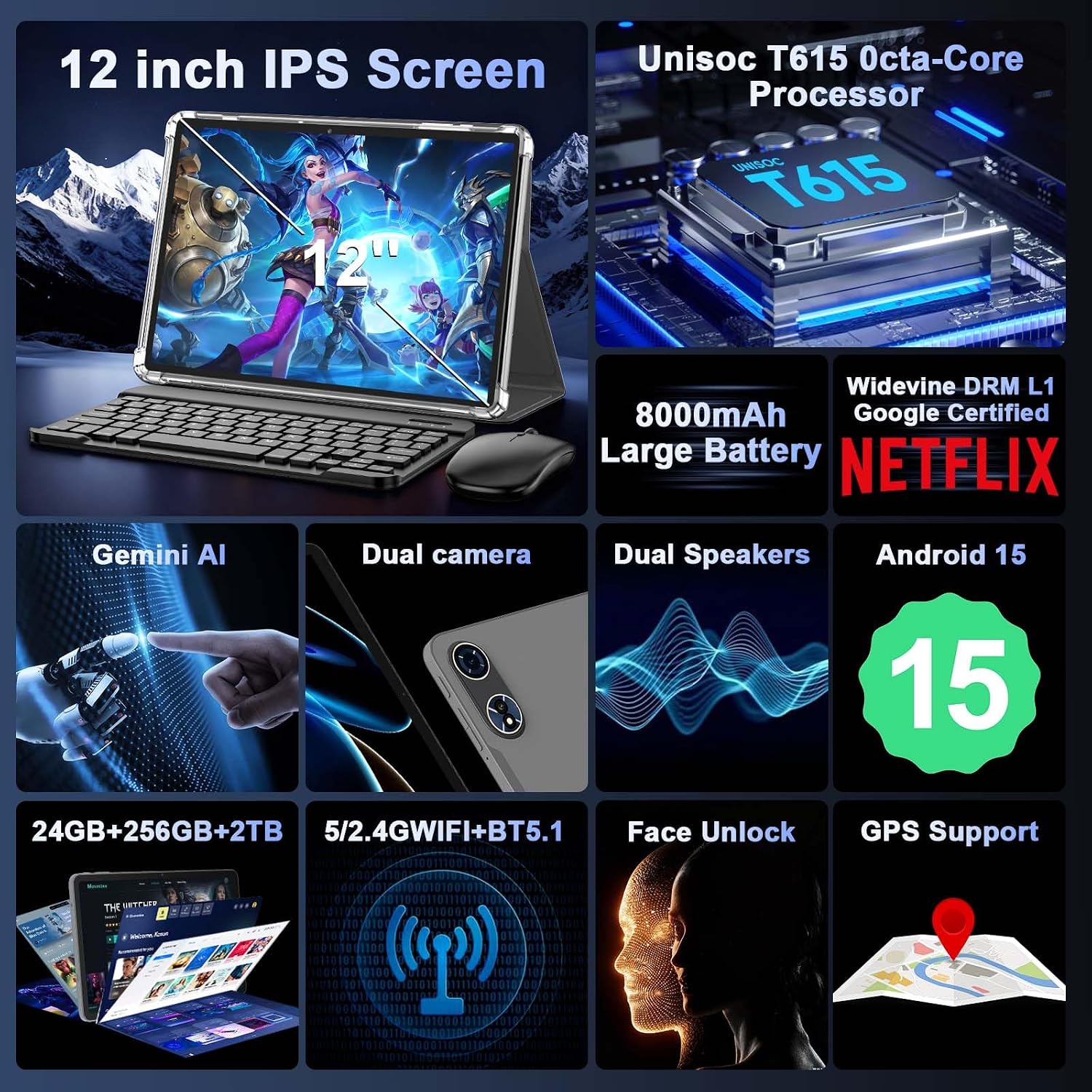 2025 12 Inch Tablet, Android 15 Tablets with Keyboard, 24GB+256GB+2TB Expand, 2K Display, Tablet PC with 5G WiFi, Octa-Core, 8000mAh, BT5.0, GMS, GPS, 2 in 1 Tablets with Case, Mouse, Stylus(Pink)