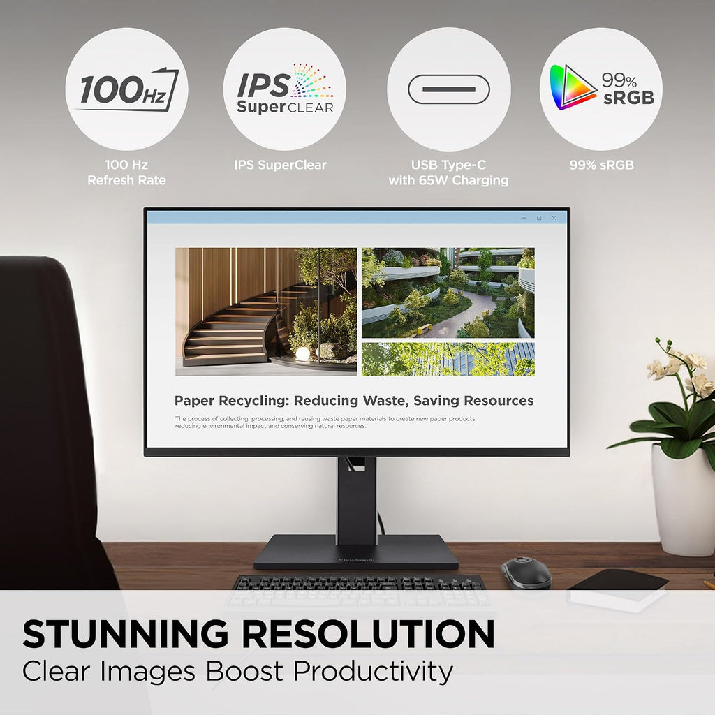 ViewSonic VG2452 24 Inch 1080p Monitor, IPS Display with 100Hz for Smooth Home and Office Productivity, Full Ergonomic Adjustability, 5-Port USB Hub, 65W USB-C, HDMI, and DisplayPort Inputs