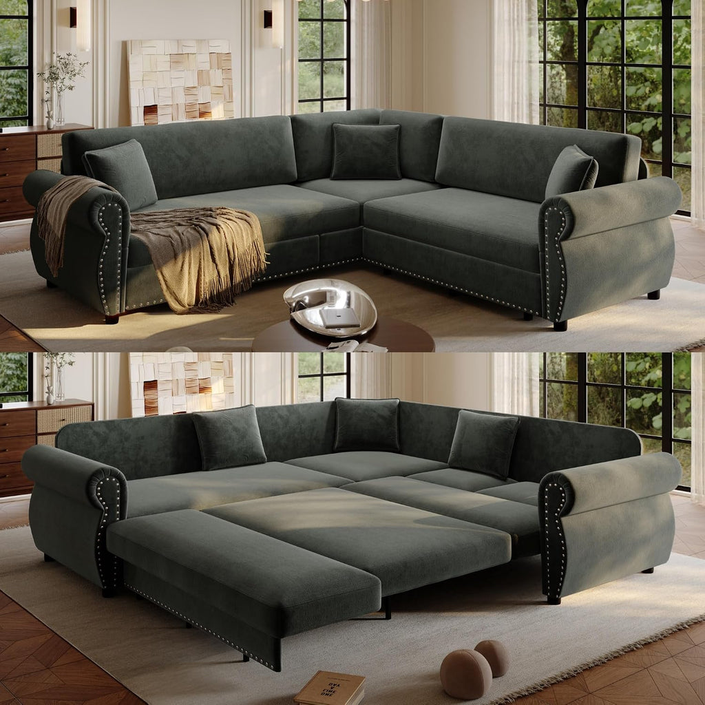 88.2' Sectional Sleeper Sofa with Pull Out Bed - Oversize L-Shaped Convertible Sleeper Couch Bed, Button Tufted Chesterfield Sofa, Chenille Vintage Couches for Living Room(4-Seater, Dark Grey)