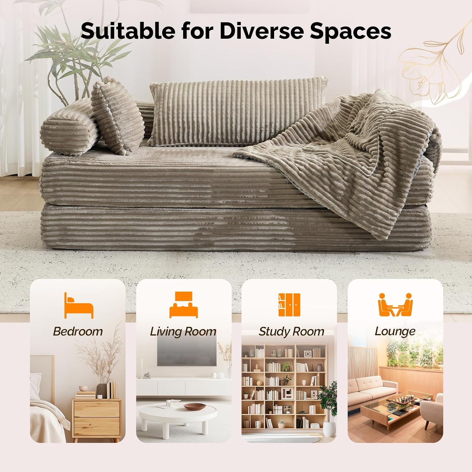 VINGLI Convertible Futon Sofa Bed, Upholstered Corduroy Boneless Couch King Size Floor Loveseat Sleeper Sofa with 2-in-1 Throw Pillow & Blanket Couches for Living Room, Bedroom, Lounge, Gray