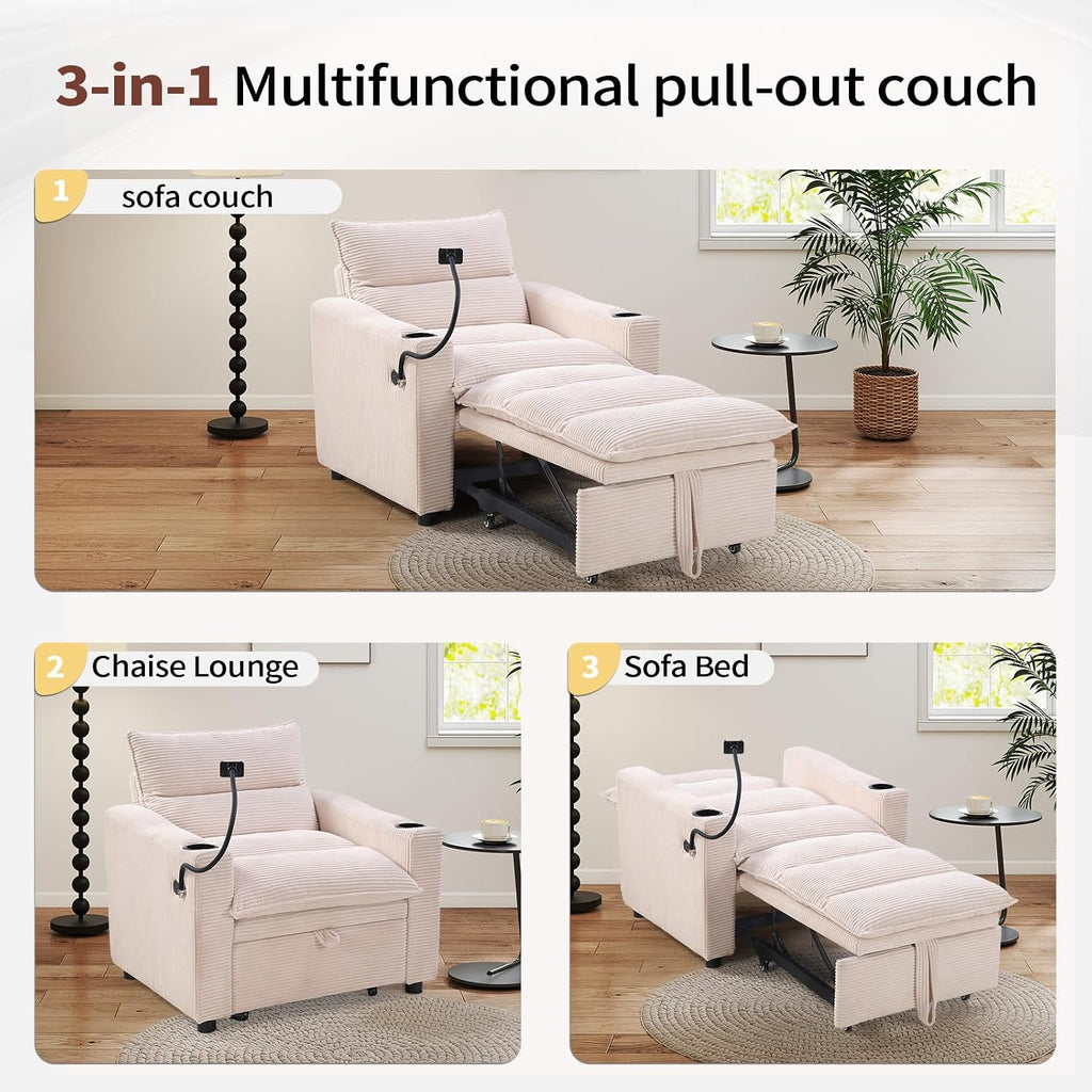 HAOMARKETS Corduroy Sleeper Sofa Bed with Cup Holders, 3-in-1 Convertible Pullout Futon Couch with Phone Holder&USB Charge Port, Single Armchair with 3-Level Adjustable Backrest for Apartment