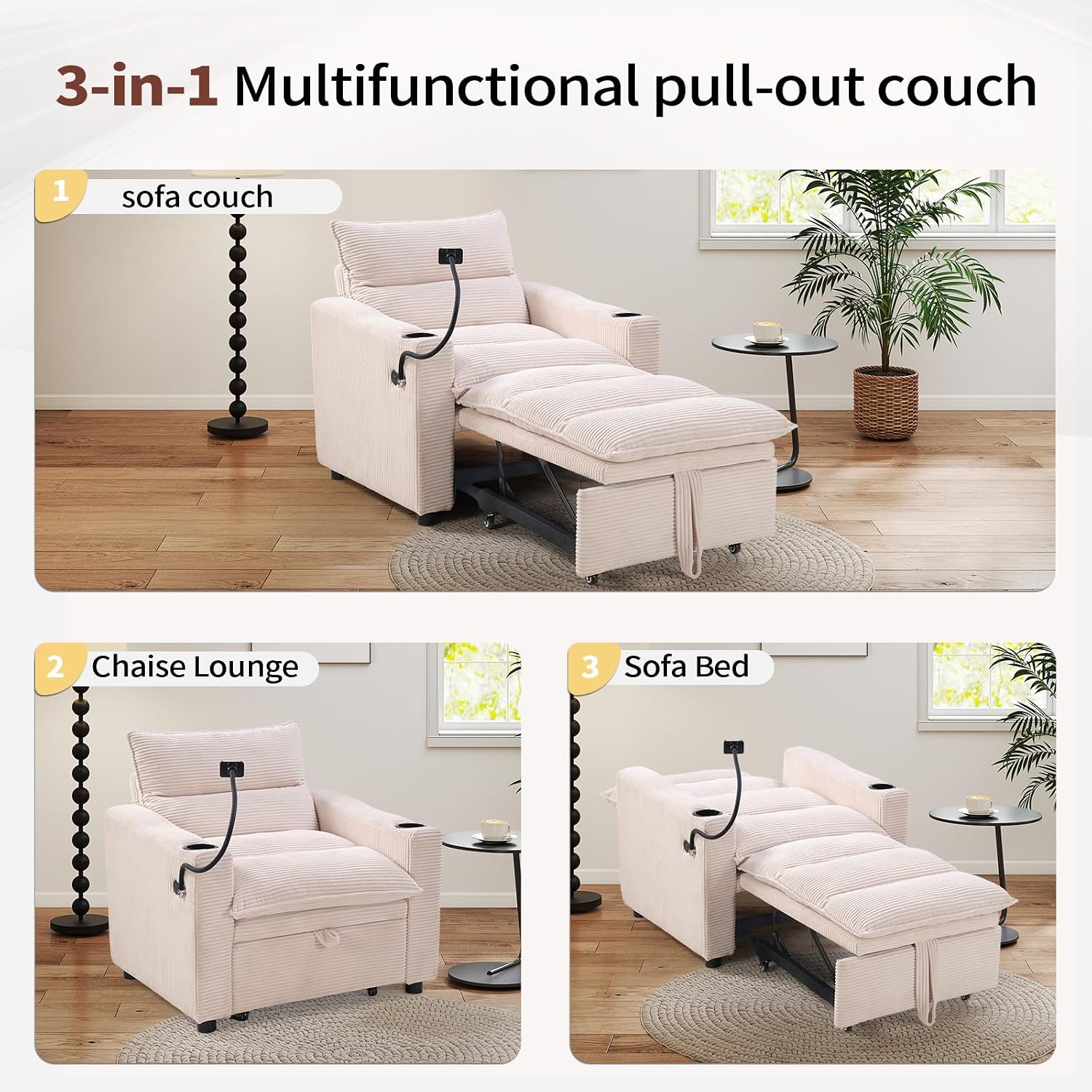 HAOMARKETS Corduroy Sleeper Sofa Bed with Cup Holders, 3-in-1 Convertible Pullout Futon Couch with Phone Holder&USB Charge Port, Single Armchair with 3-Level Adjustable Backrest for Apartment