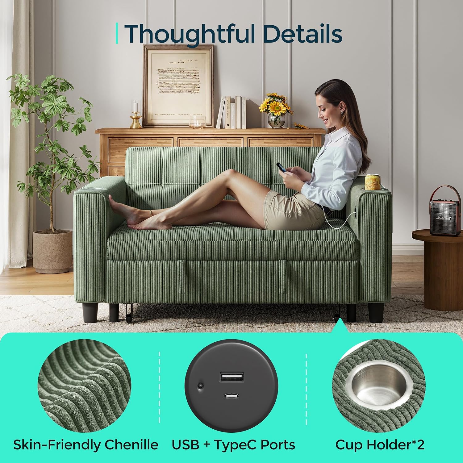 LINSY 3-in-1 Convertible Sofa Bed, 54' Pull Out Sleeper Sofa with Charging Station & Cup Holder, Small Corduroy Couch Folding Loveseat with Side Pocket for Small Space, Green