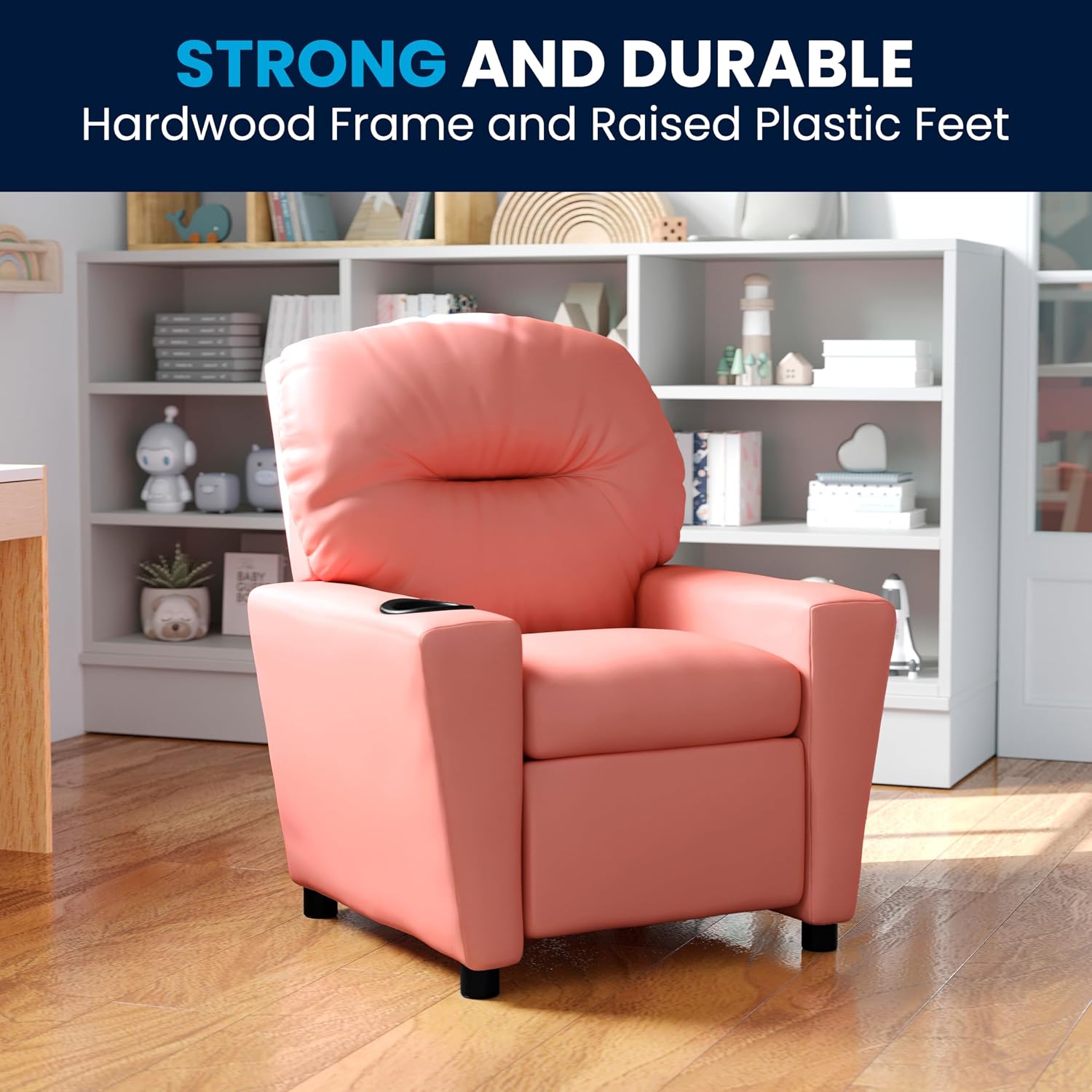 Flash Furniture Chandler Vinyl Kids Recliner with Cup Holder and Safety Recline, Contemporary Reclining Chair for Kids, Supports up to 90 lbs., Pink