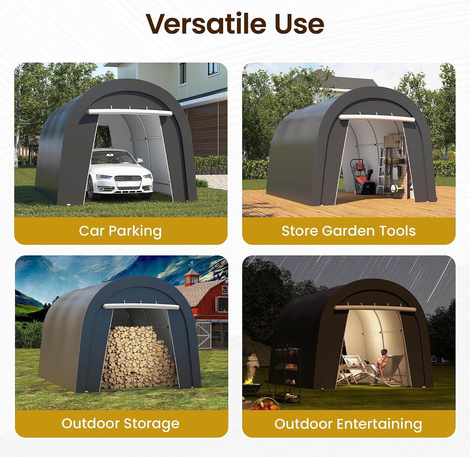 Kiss the Water Domed Carport with 4 Cloth Bags, Portable Garage with 2 Roll-up Doors, Heavy Duty Car Canopy Party Tent, All-Season Storage Shelter Shed for Cars, Truck, or Garden Tools, 10' x 15'
