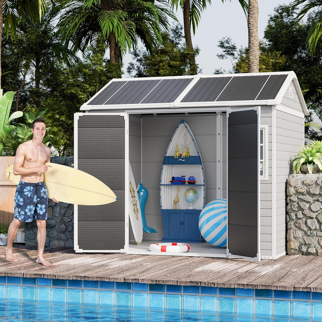 CDCASA 8x6 FT Resin Storage Shed, Large Waterproof Outside Plastic Tool Storage Sheds with Floor & Adjustable Openable Windows, Lockable Door for Backyard Patio Lawn, Dove Grey