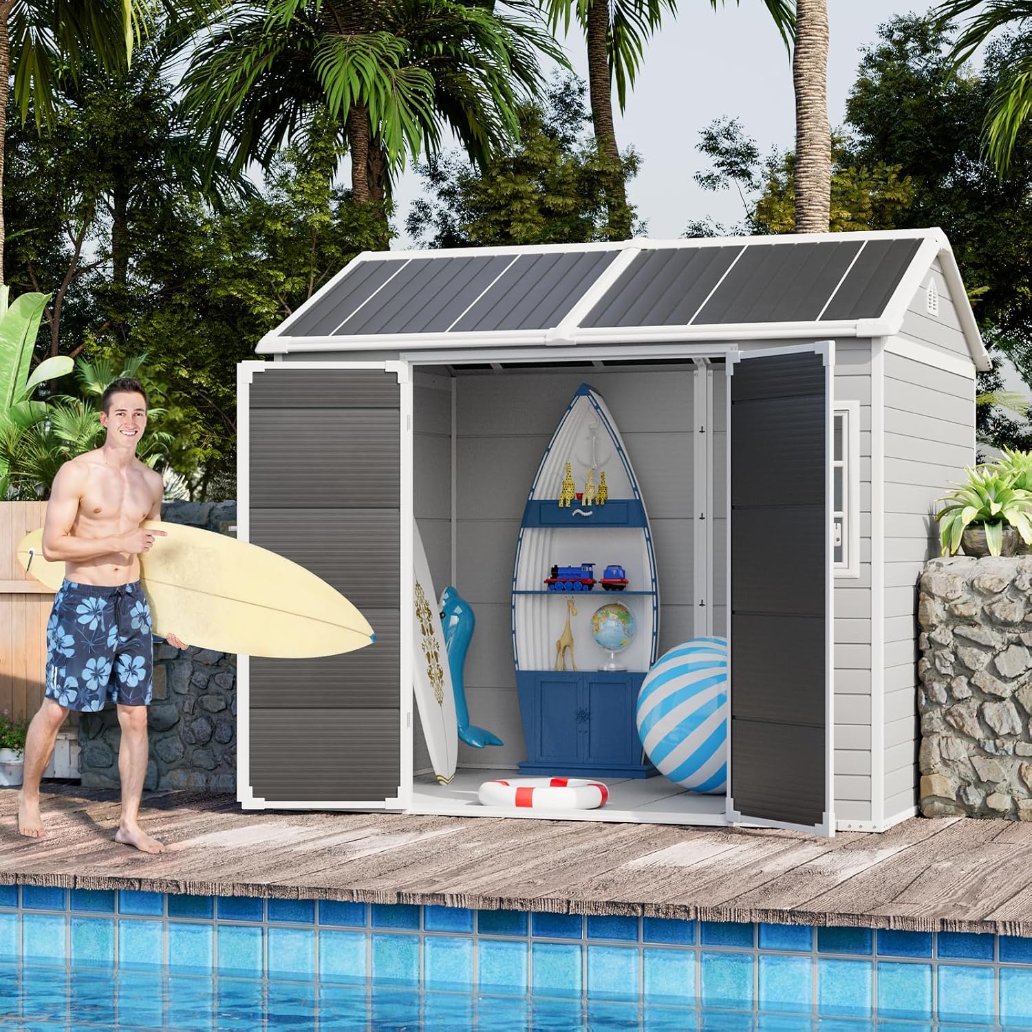 CDCASA 8x6 FT Resin Storage Shed, Large Waterproof Outside Plastic Tool Storage Sheds with Floor & Adjustable Openable Windows, Lockable Door for Backyard Patio Lawn, Dove Grey