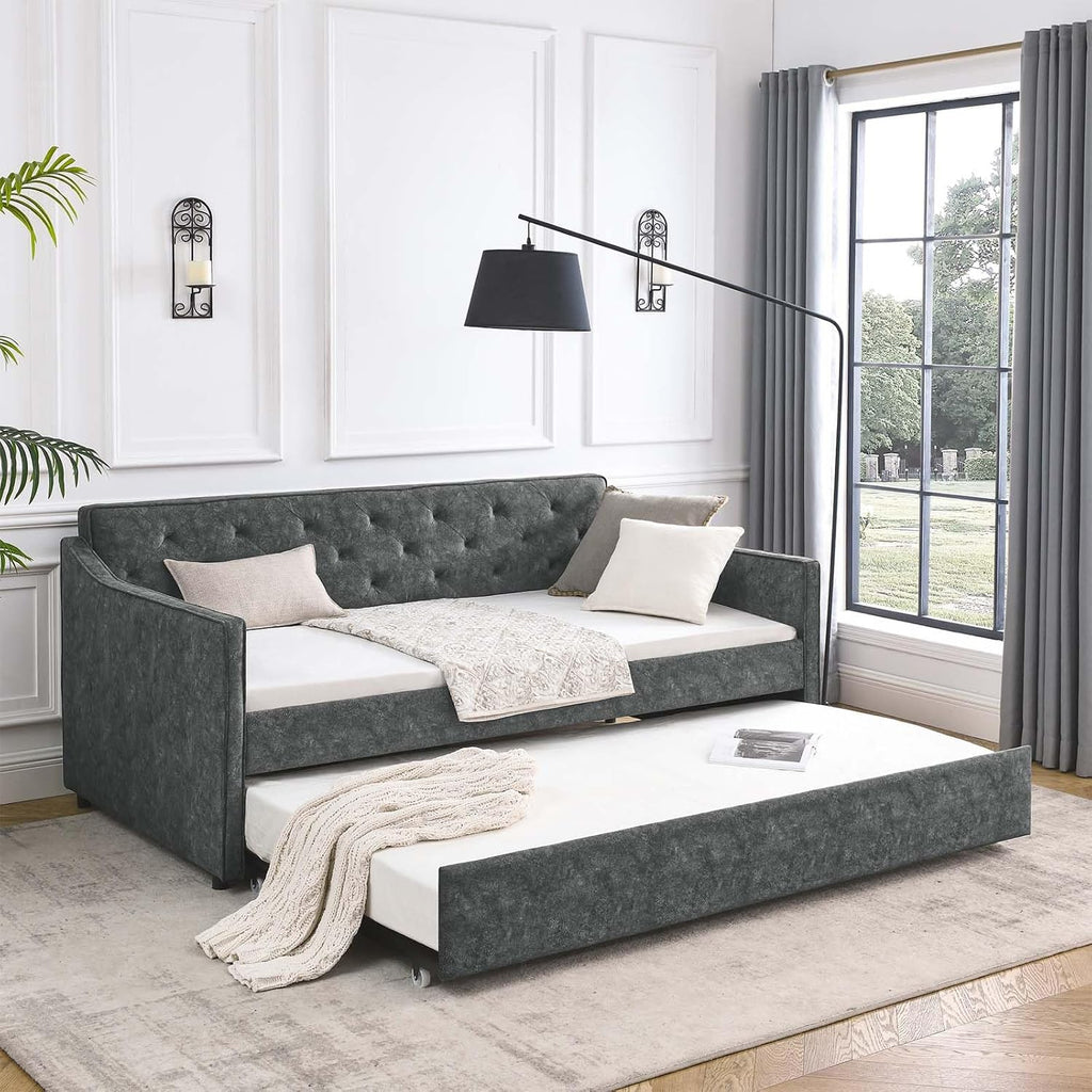 Antetek Daybed with Trundle, Fabric Upholstered Twin Size Day Bed Pull-Point Sofa Daybed Frame w/Twin Roll-Out Trundle, No Box Spring Needed, Furniture for Bedroom, Living Room, Guest Room, Grey