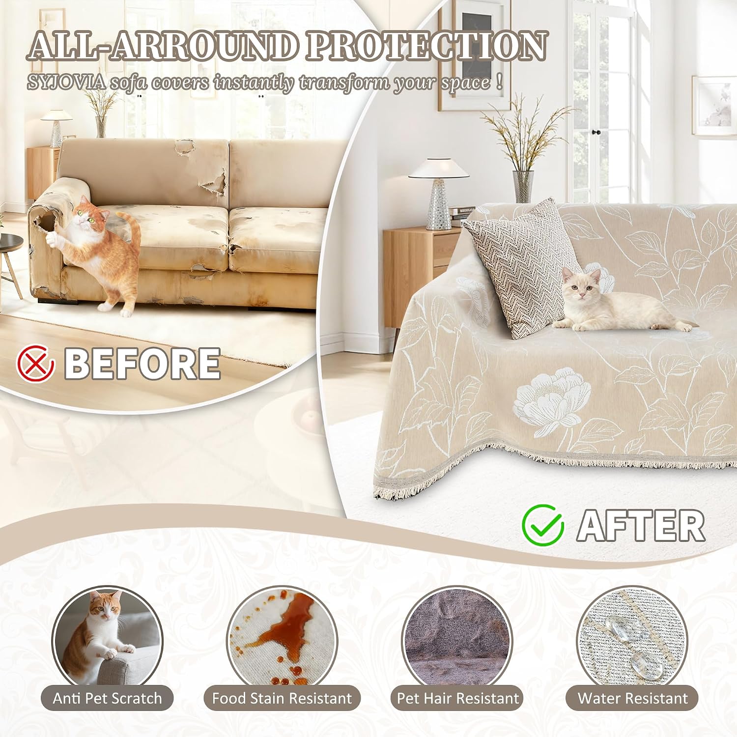 1OO% Waterproof Sectional Couch Covers for Dogs L Shaped Corner Sofa Cover Washable Chenille Sofa Slipcovers Blanket Modern Jacquard Pet Furniture Protector (91'x252', Beige Flower)
